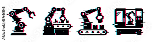 Glitch effect robotic arm icons illustrating advanced industrial automation, manufacturing, and technological processes.