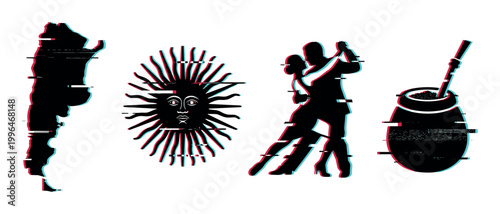 Argentina symbols, map, sun, tango dancers, and mate drink with a modern digital glitch effect illustration.