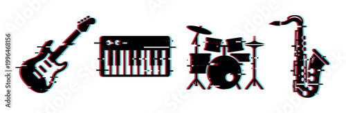 Electric guitar, keyboard, drum set, and saxophone icons with a vibrant glitch effect, representing modern digital music and sound.