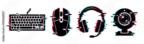 Glitch effect gaming peripherals including keyboard, mouse, headset, and webcam icons with digital error style.