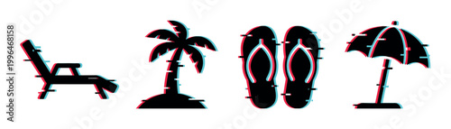 Beach vacation icons with glitch effect including a deck chair, palm tree, flip flops, and beach umbrella, representing summer travel and relaxation.
