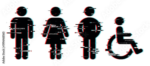Gender and accessibility icons with glitch effect representing digital disruption and modern communication challenges.