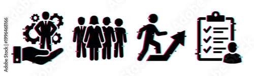 Business management, team collaboration, career growth, and task completion icons with a modern glitch effect.