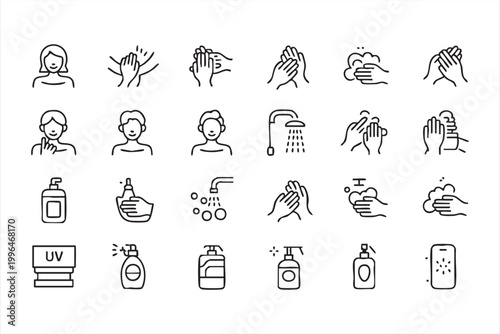 Hand Cleaning Icons, Sanitizer, Hygiene Routine and Health Protection