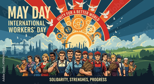 May Day International Workers' Day Celebration with a Diverse Group of Workers United Under a Symbol of Progress and Unity