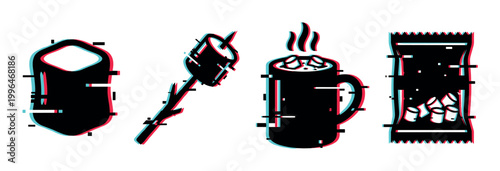 Marshmallows and hot chocolate with glitch effect, featuring a bag, roasted marshmallow on a stick, and a steaming mug.
