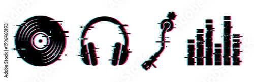 Glitch effect music icons set featuring a vinyl record, headphones, turntable tonearm, and sound equalizer bars.