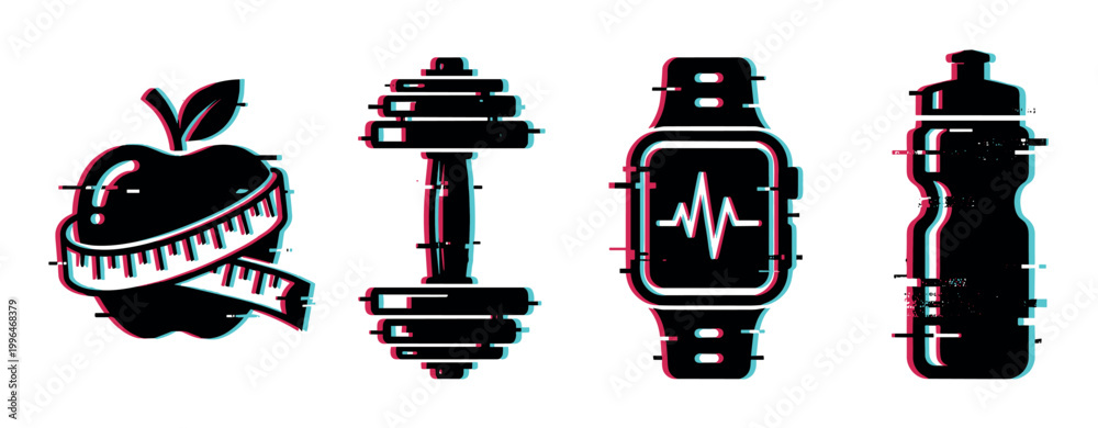 Naklejka premium Glitch effect fitness and health icons including an apple with measuring tape, dumbbell, smartwatch, and water bottle representing a healthy lifestyle.