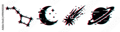 Celestial objects glitch effect icons set featuring constellation, moon, shooting star, and planet with rings.