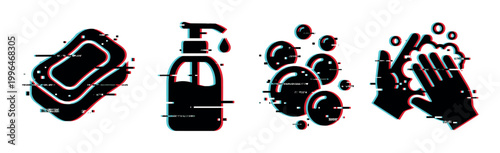 Hygiene icons set with glitch effect showing soap bar, liquid dispenser, bubbles, and washing hands for cleanliness concept.