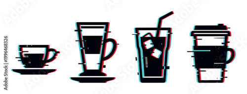 Coffee cups and drink glasses with a trendy digital glitch effect, representing various popular beverages in a modern style.
