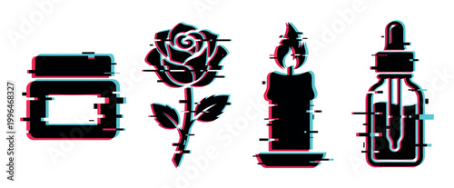 Digital glitch effect icons of a cosmetic jar, blooming rose, burning candle, and dropper bottle, representing modern abstract design.