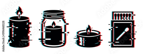 Candles and matchbox with digital glitch effect, representing modern technology disruption and retro aesthetic in a vector illustration.