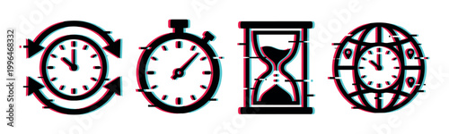 Time icons set with a modern glitch effect, including a clock, stopwatch, hourglass, and global time symbol.