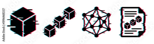 Blockchain icons with digital glitch effect illustrating cryptocurrency, data network, and smart contract technology concepts.