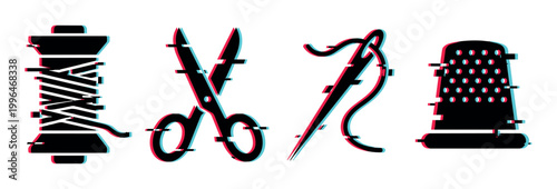 Spool, scissors, needle, thimble with glitch effect representing sewing and tailoring tools in a modern digital style.