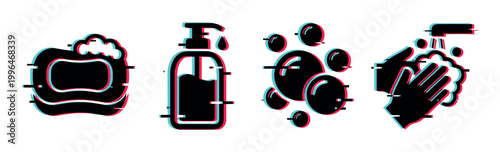 Hygiene and hand washing icons with glitch effect, including soap bar, liquid dispenser, bubbles, and hands under faucet.