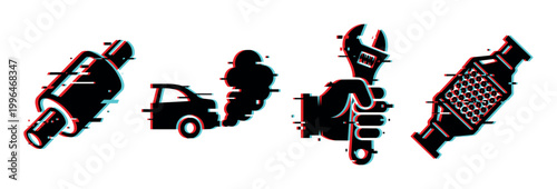 Car exhaust system repair and maintenance icons featuring muffler, smoke, wrench, and catalytic converter with a modern digital glitch effect.