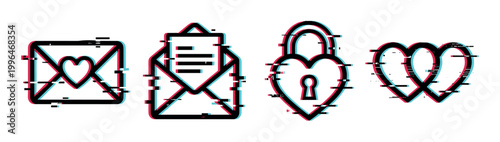 Glitch effect love and communication icons featuring envelopes, hearts, and a padlock, representing digital romance and security.