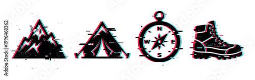 Mountains, tent, compass, and hiking boot icons with a modern glitch effect, representing outdoor adventure and exploration.