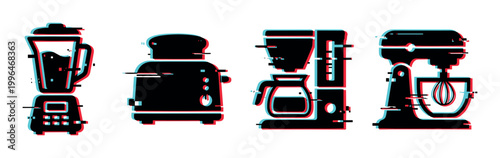 Blender, toaster, coffee maker, stand mixer icons with a modern digital glitch effect, representing essential kitchen appliances.