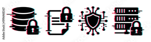 Data security icons set with glitch effect, representing digital protection, secure information, and cybersecurity concepts for modern technology.