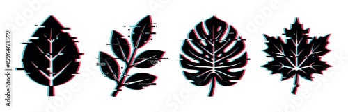 Glitch effect leaves collection with digital distortion and anaglyph 3D style color shifts, representing modern nature art.