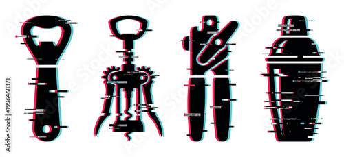 Glitch effect bar tools set featuring a bottle opener, corkscrew, wine opener, and cocktail shaker with digital distortion.