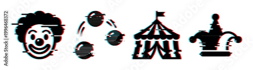 Glitch effect circus icons set featuring a clown face, juggling balls, a big top tent, and a jester hat.