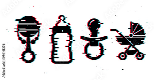 Baby items icons with a modern glitch effect, including a rattle, bottle, pacifier, and stroller, representing newborn care.