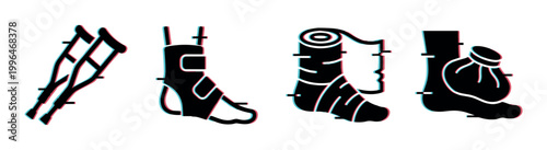 Crutches, ankle brace, bandaged foot, and ice pack icons representing various medical treatments and recovery tools for leg and foot injuries.