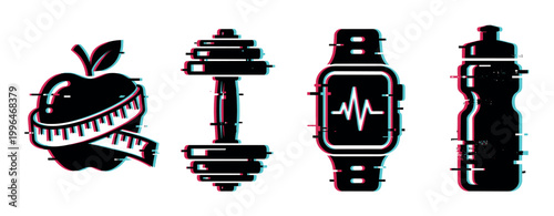 Glitch effect fitness and health icons including an apple with measuring tape, dumbbell, smartwatch, and water bottle representing a healthy lifestyle.