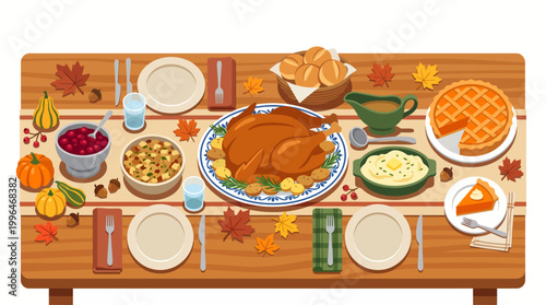 Top view of a traditional thanksgiving dinner table with roasted turkey, pies, and side dishes, vector illustration.
