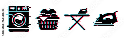 Washing machine, laundry basket, ironing board, and iron icons with a modern digital glitch effect.