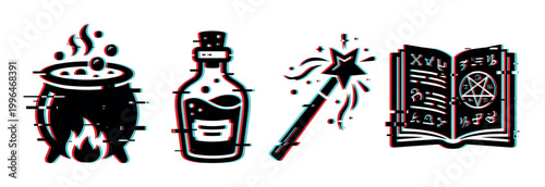 Cauldron, potion, magic wand, and spell book icons with a modern glitch effect, representing fantasy and witchcraft concepts.