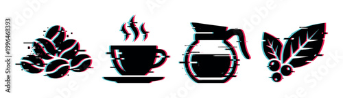Coffee beans, steaming cup, pot, and plant leaves with berries in a modern digital glitch effect icon set.