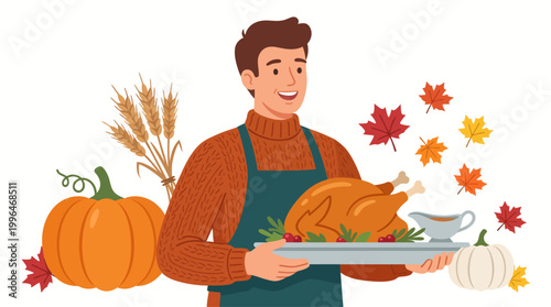 Cheerful man in an apron holding a roasted turkey, surrounded by pumpkins and autumn leaves, vector illustration.