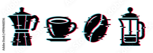 Modern coffee icons set featuring Moka pot, cup, bean, and French press with a trendy digital glitch effect.