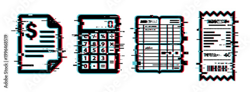 Glitch style financial icons including a document with a dollar sign, a calculator, a ledger, and a receipt, representing accounting and business data.