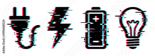 Digital glitch effect energy symbols including an electrical plug, lightning bolt, battery, and light bulb representing power and innovation.