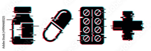 Medical icons with glitch effect, including a pill bottle, capsule, blister pack, and cross, representing digital health and pharmacy.