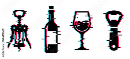 Wine accessories set featuring a corkscrew, bottle, glass, and opener with a trendy digital glitch effect.