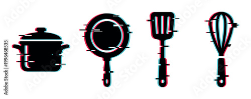 Kitchen utensils, cooking pot, frying pan, spatula, and whisk with a modern digital glitch effect in an abstract design.
