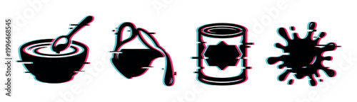 Glitch effect vector icons depicting a bowl with a spoon, pouring pitcher, tin can, and liquid splash.