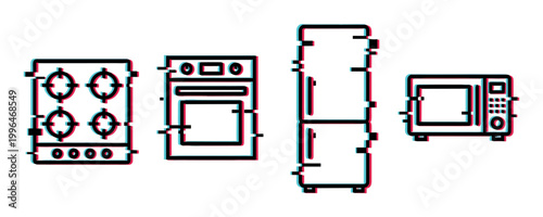 Modern kitchen appliances with a digital glitch effect, including a stovetop, oven, refrigerator, and microwave, representing contemporary technology.