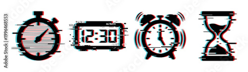Time icons with glitch effect including stopwatch, digital clock, alarm clock, and hourglass representing measurement and deadlines.