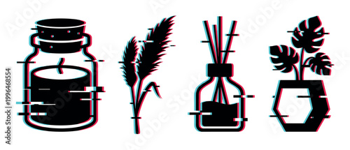 Modern home decor items featuring a candle, pampas grass, reed diffuser, and monstera plant with a trendy digital glitch effect.