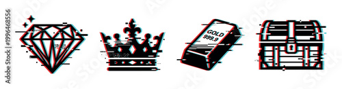 Diamond crown gold bar treasure chest icons with a modern digital glitch effect, representing wealth, luxury, and success in a contemporary style.