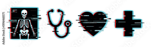 Medical icons with glitch effect including skeleton X-ray, stethoscope, heart, and cross, representing digital health and technology.