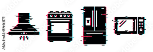 Glitch effect kitchen appliances set including a range hood, stove, refrigerator, and microwave oven with digital distortion.
